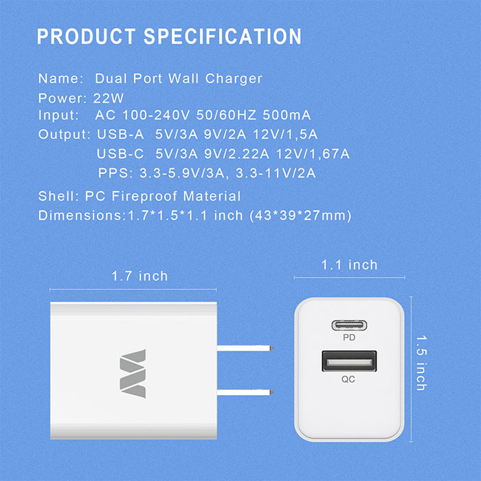 Dual Port Wall Charger (USB-A + USB-C 22W Power Delivery)