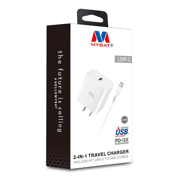 2-in-1 22W Travel Charger with 4ft USB-C to USB-C Cable