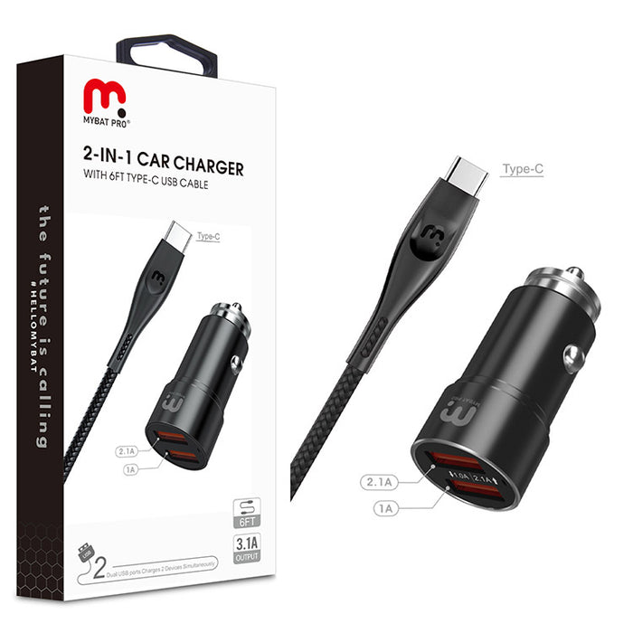 2-in-1 22W Car Charger with 6ft USB-A to USB-C Cable