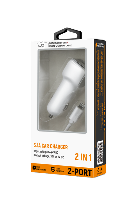 2-in-1 Car Charger with 6ft USB-A to Lightning Cable